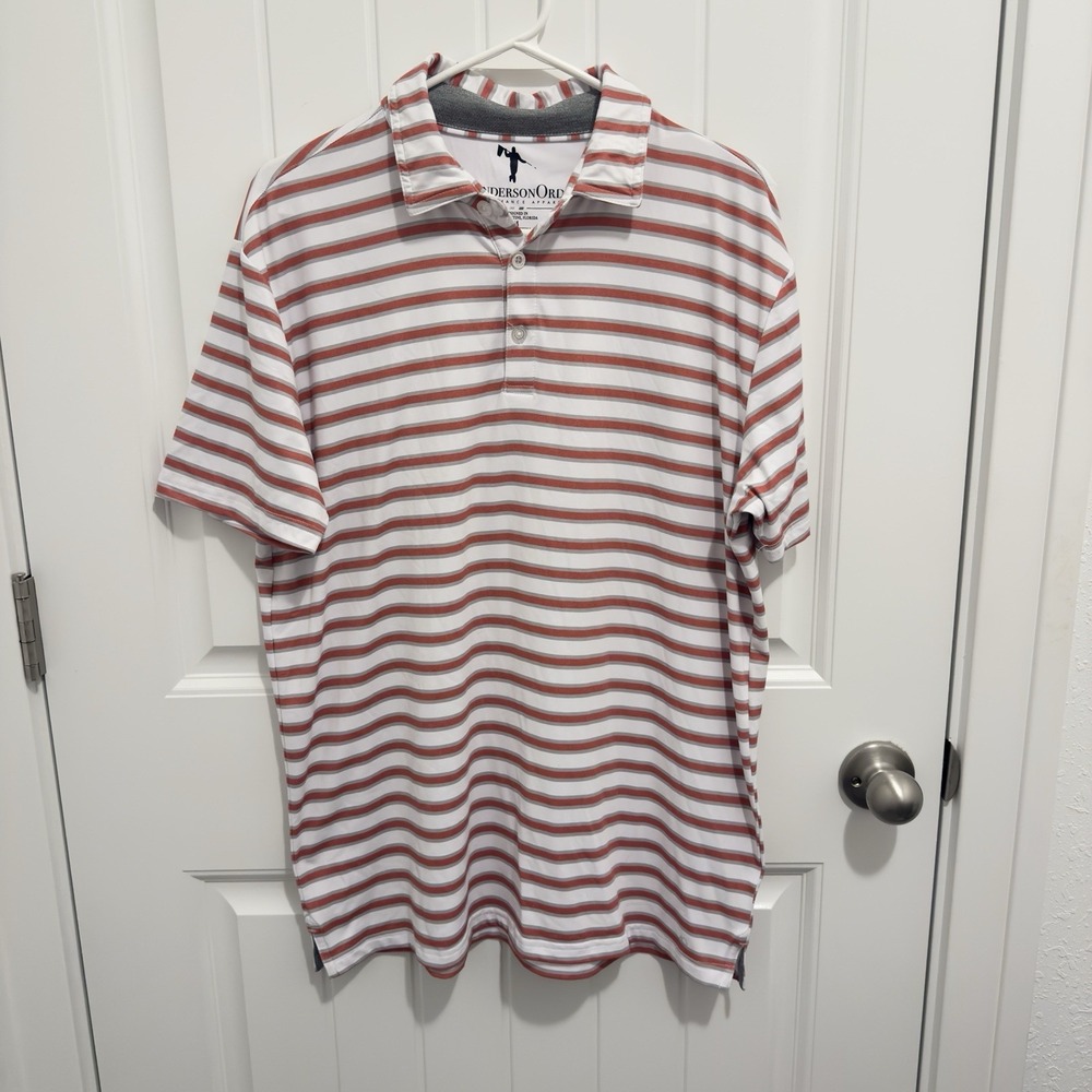 Anderson Ord Men's Golf Polo Shirt White Dark Red/Gray Stripe Size Medium